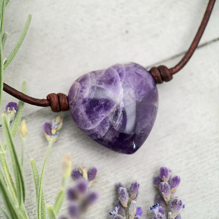Large Amethyst Pendant Necklace – Purple Gemstone Crystal on Rustic Leather – February Birthstone - LAST ONES - SunlightSilver