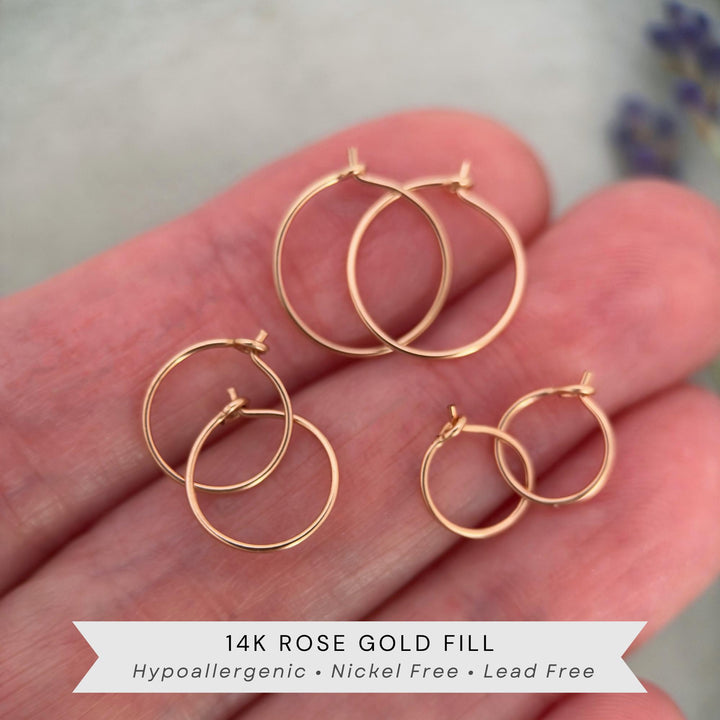 Little Rose Gold Hoops | 14K Rose Huggie Tiny Sleeper Earrings | 24/7 Hypoallergenic - SunlightSilver