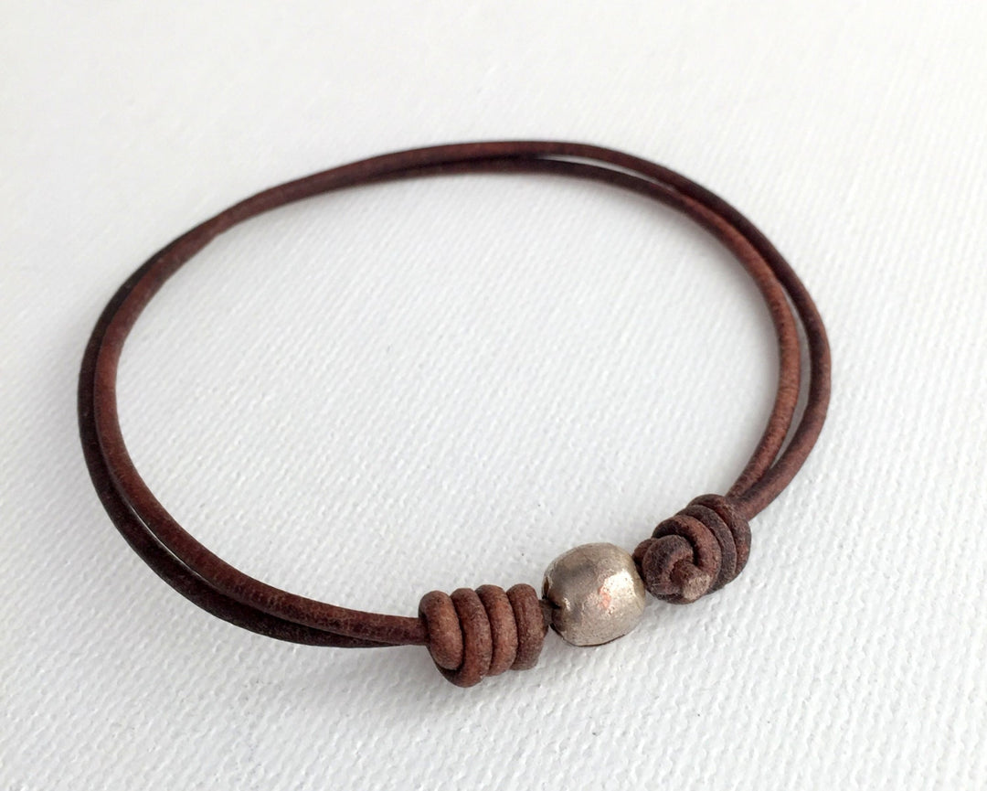 African Coin Silver Bead and Leather Anklet or Bracelet - Adjustable Size - Rustic Brown or Black Leather - SunlightSilver