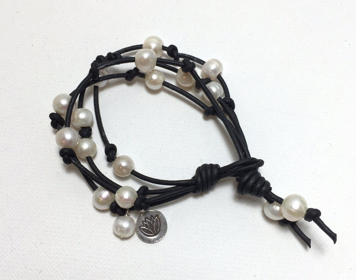 Pearl Bracelet | Rustic Brown Leather Multi-Strand Wrap Jewelry, White Freshwater Pearls, Silver Charm - SunlightSilver