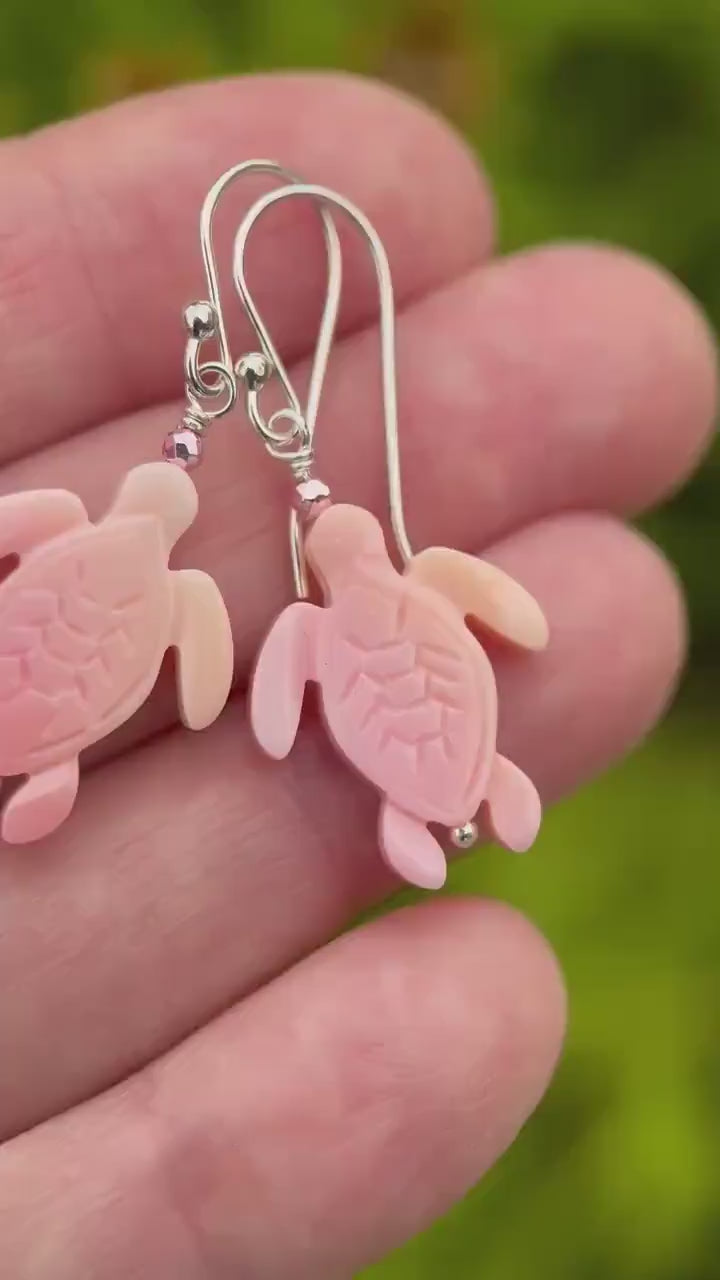 Pink Queen Conch Sea Turtle Earrings, Sterling Silver & Hand Carved Shell Coastal Jewelry, Beach Lover Gift, Ocean Inspired Earrings
