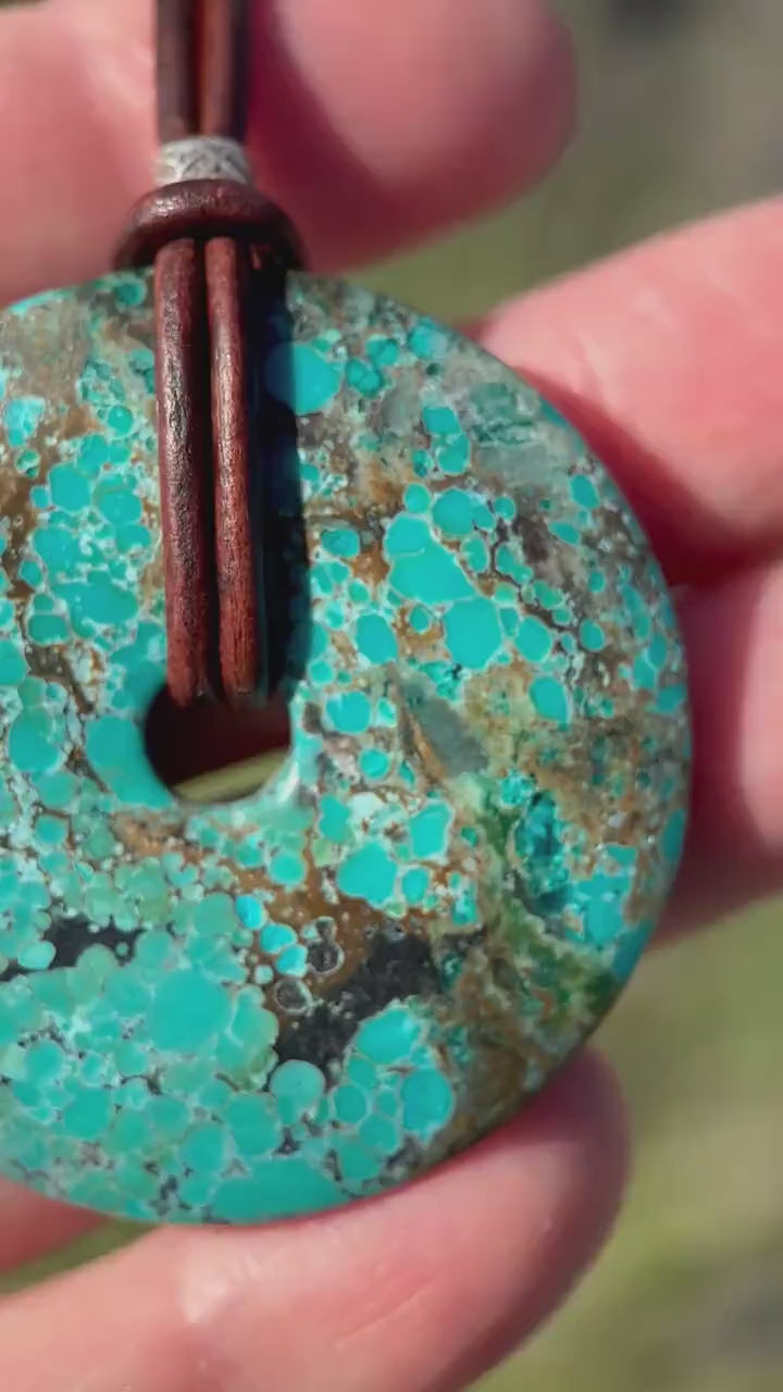 Turquoise Donut and Rustic Brown Leather Necklace