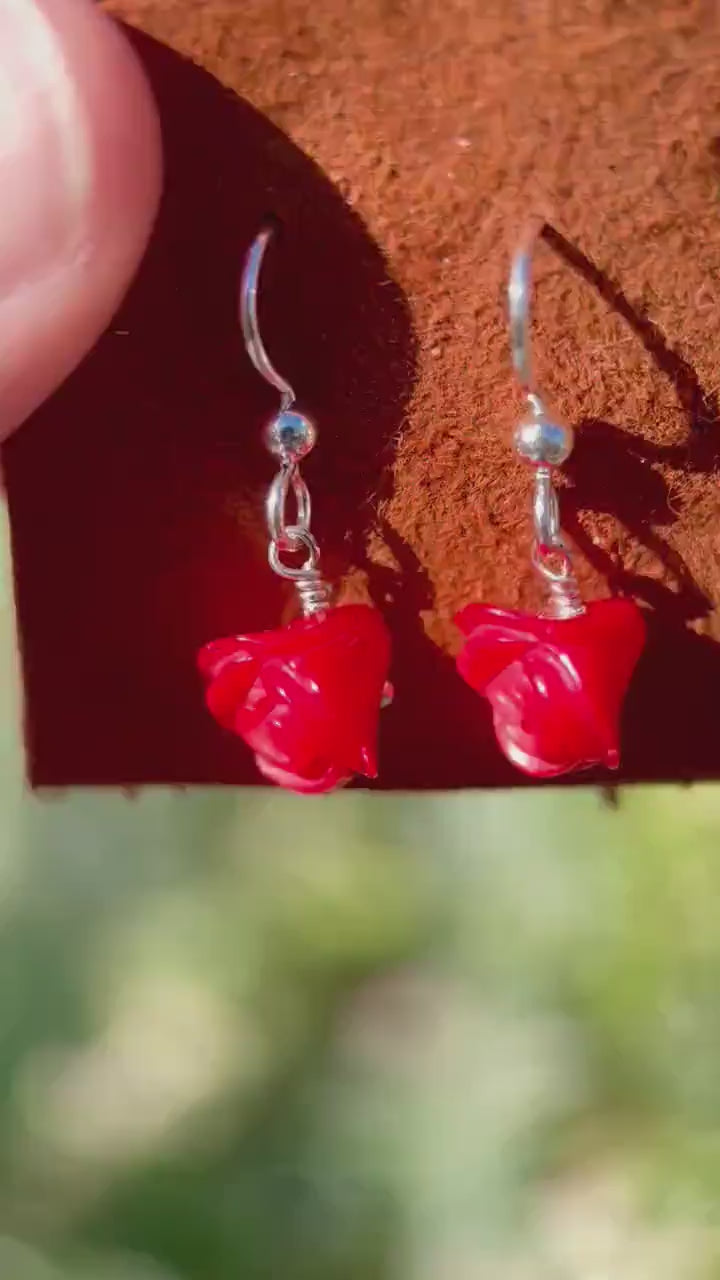 Red Coral Rose Earrings, Sterling Silver Floral Earrings, Hand Carved Coral Rose Dangle Earrings