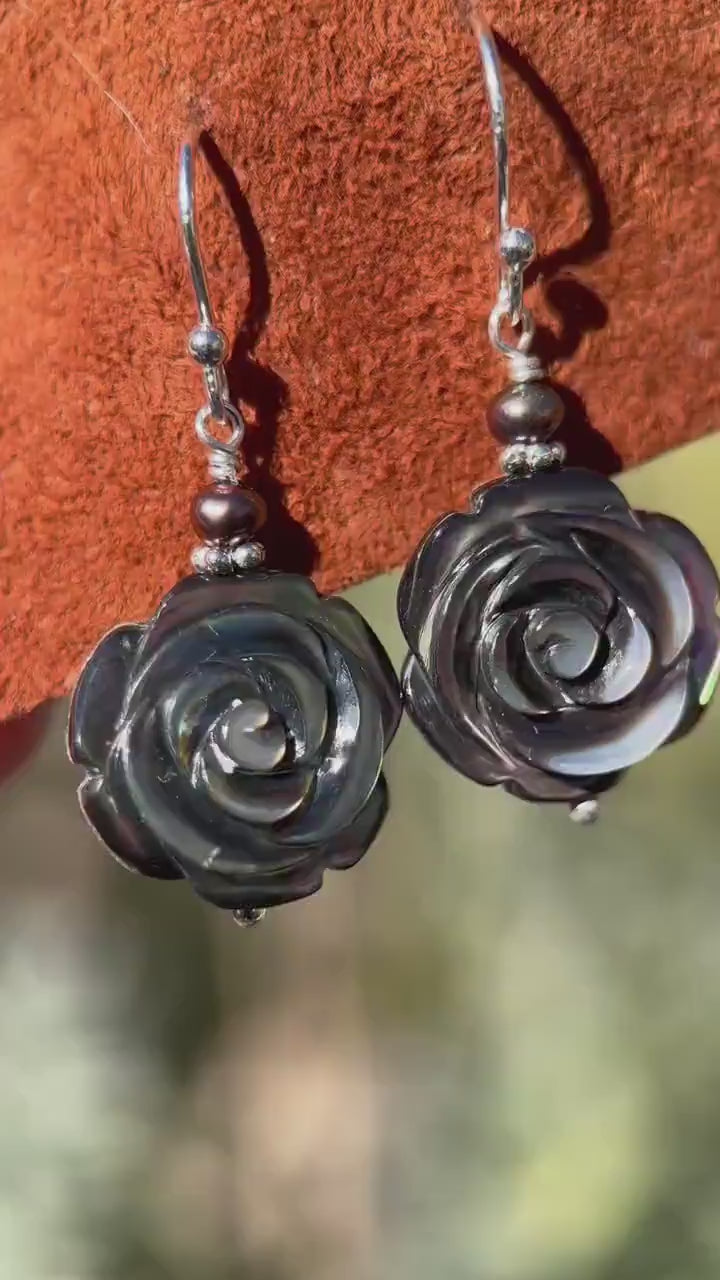 Black Lip Oyster Shell Rose Flower and Sterling Silver Earrings