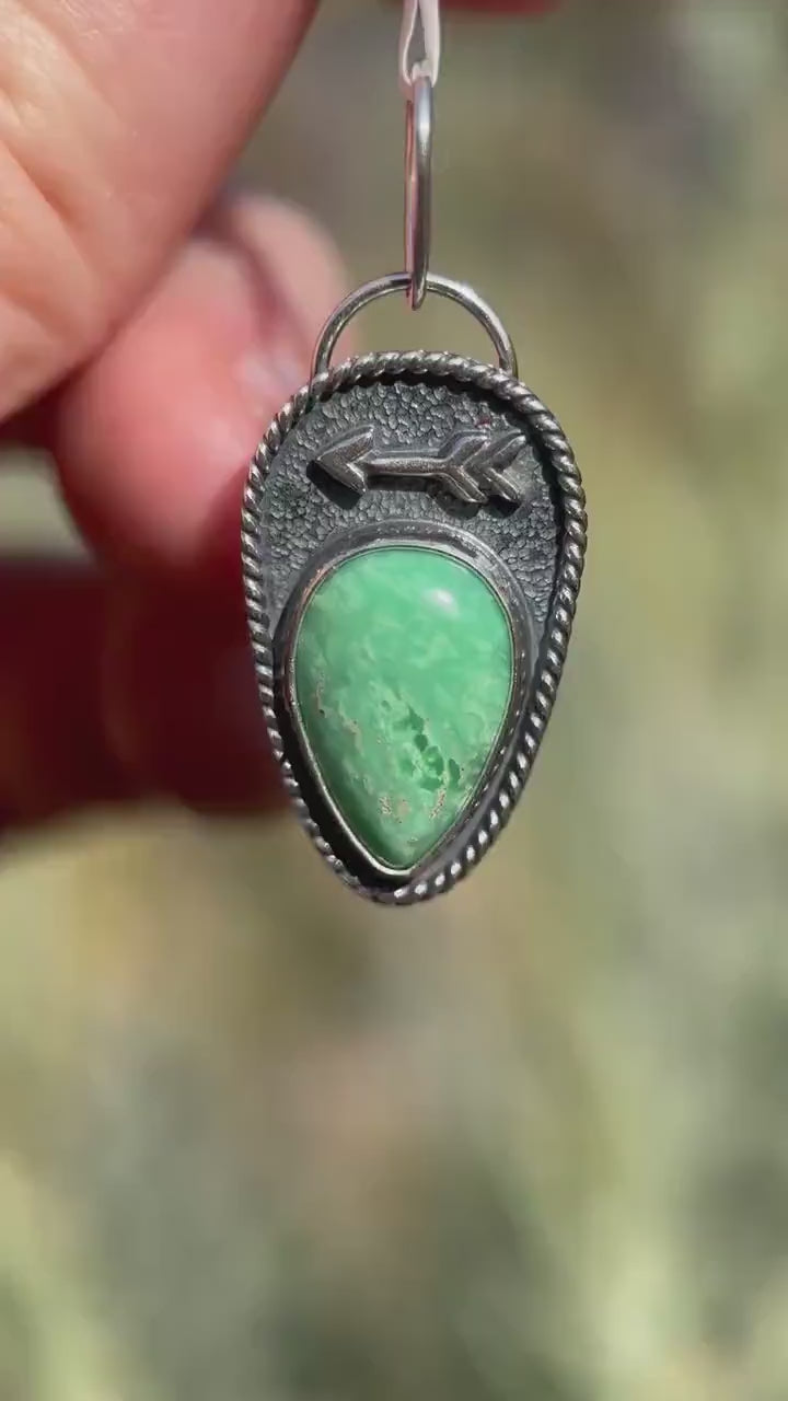 Green Variscite Necklace – Lucin Utah Gemstone Pendant – Arrow Protection Symbol in Silver