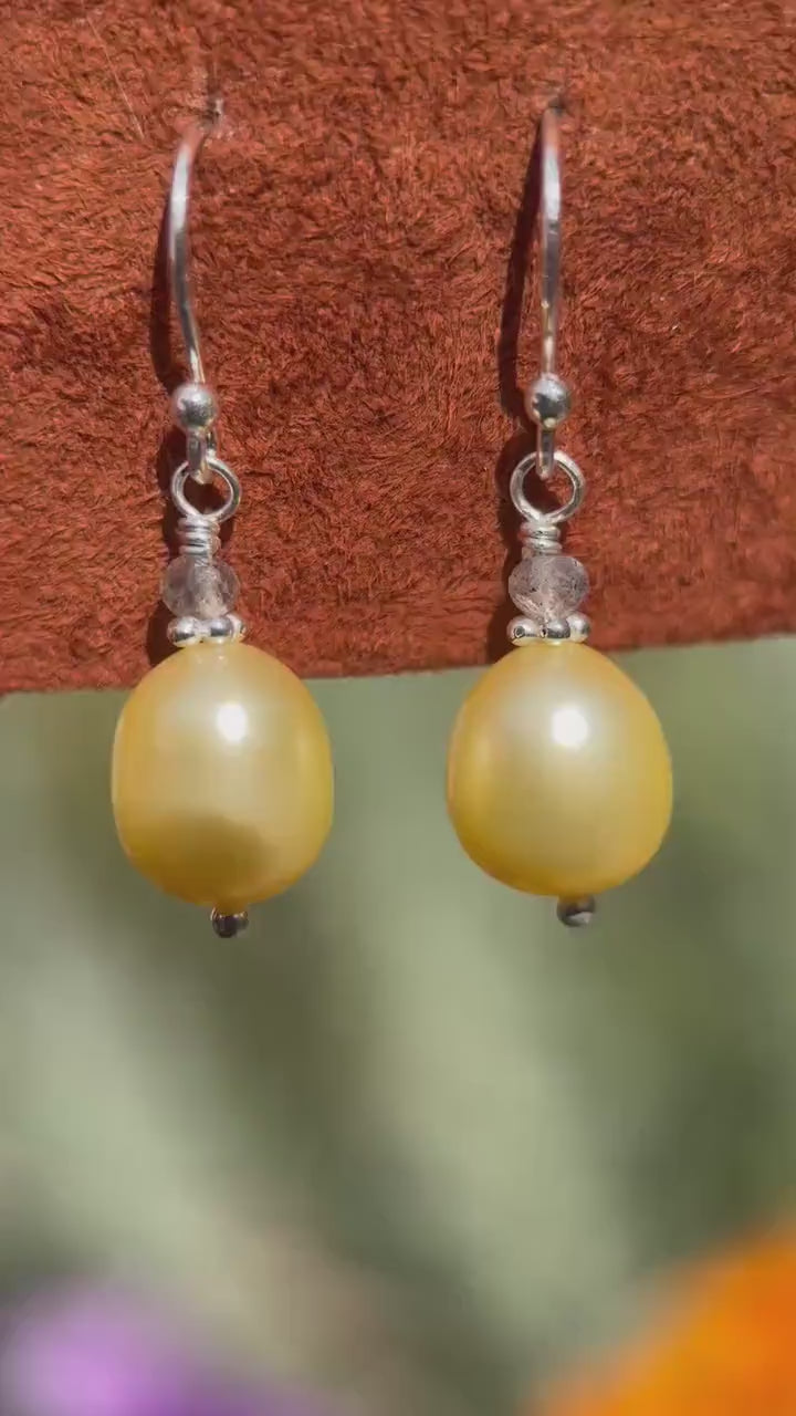 Yellow Pearl and Labradorite Gemstone Earrings | Solid 925 Sterling Silver Earrings | Handmade Freshwater Pearl Jewelry