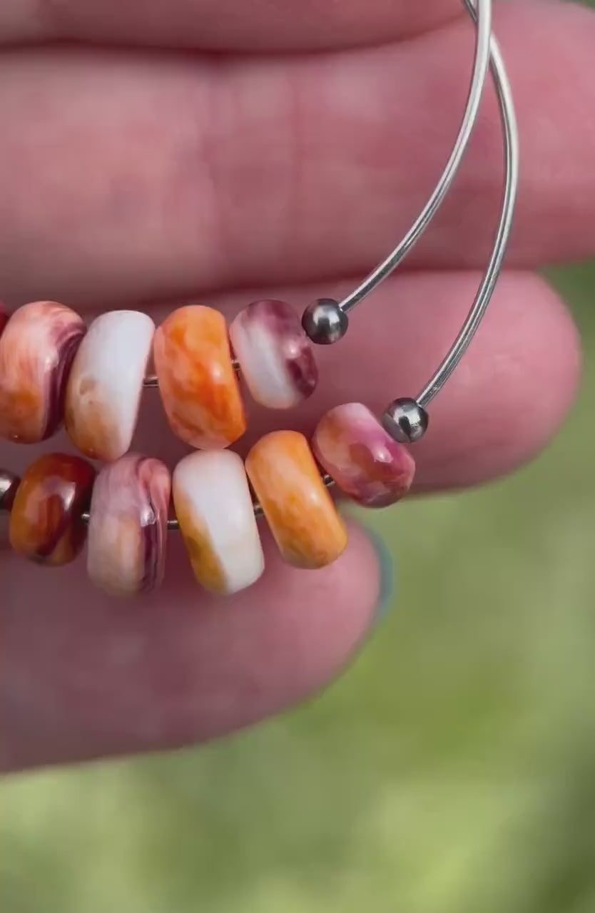 Spiny Oyster & Navajo Pearl Earrings | Sterling Silver Hoops | Orange-Red, Purple Shells