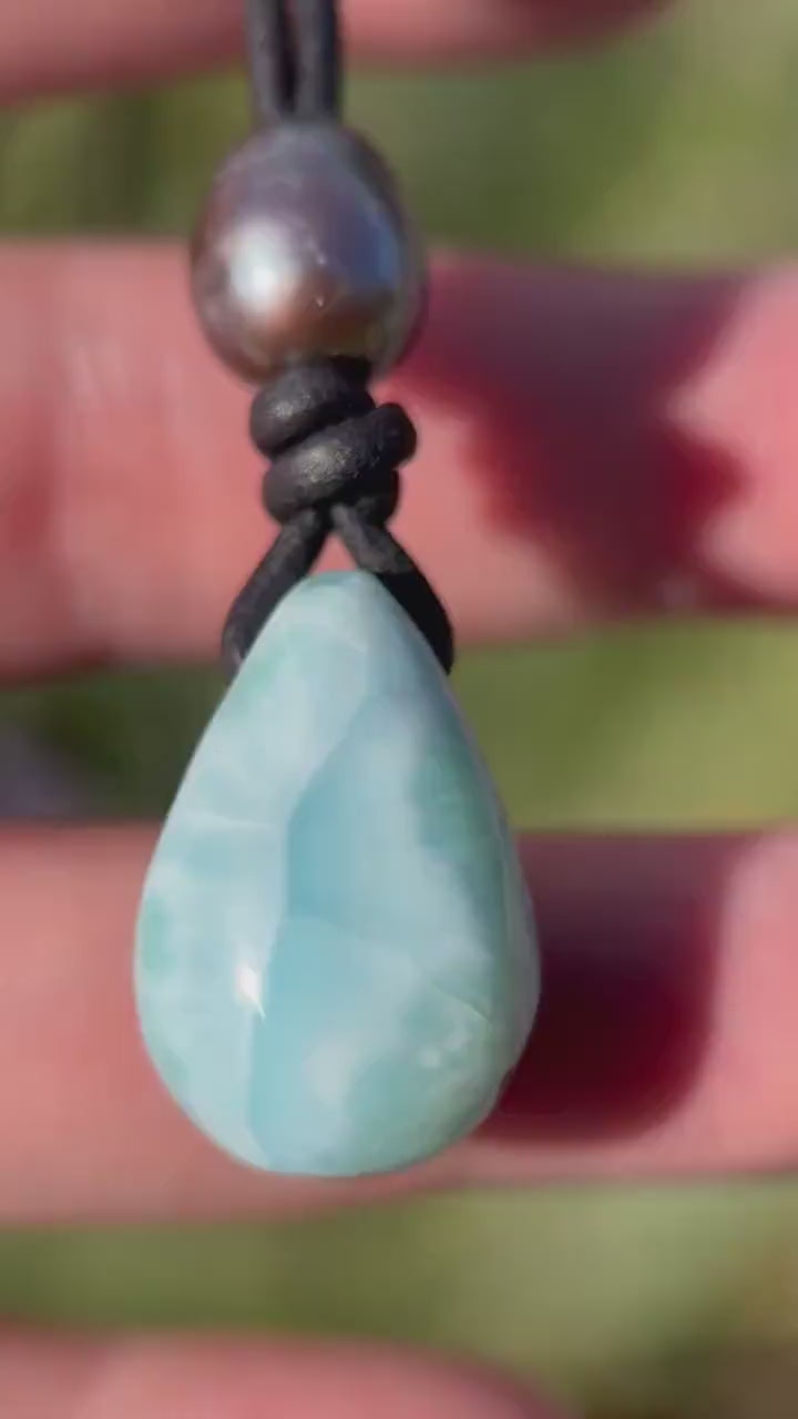 Larimar and Black Leather Necklace with Peacock Freshwater Pearl