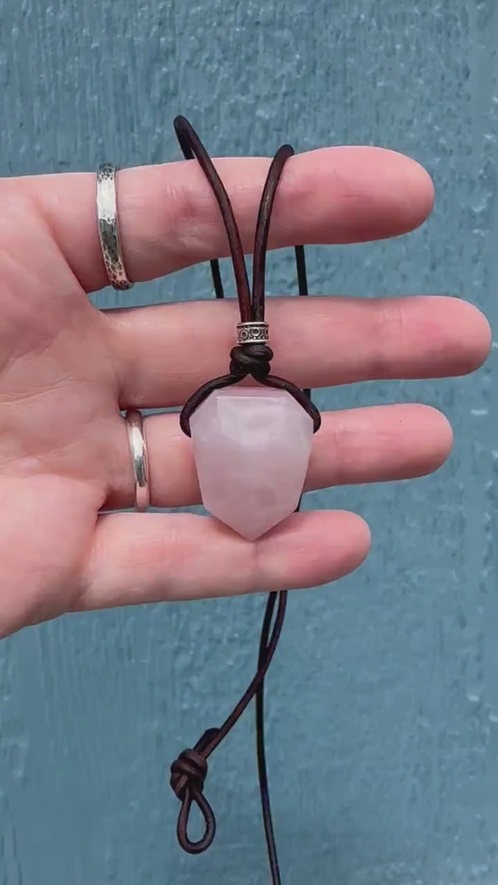 Light Pink Rose Quartz Pendant Leather Necklace