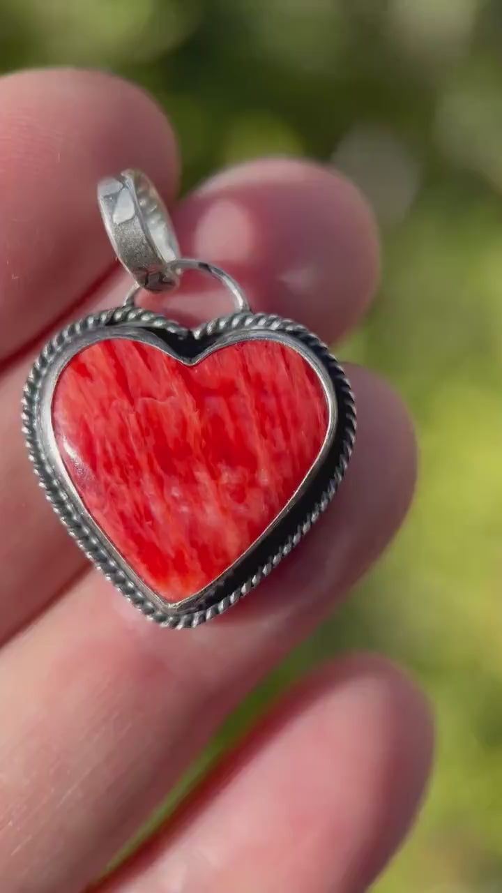 Red Spiny Oyster Heart and Sterling Silver Pendant