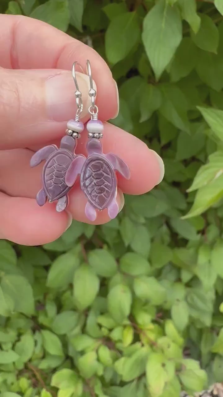 Purple and White Wampum Quahog Shell Sea Turtle and Sterling Silver Earrings