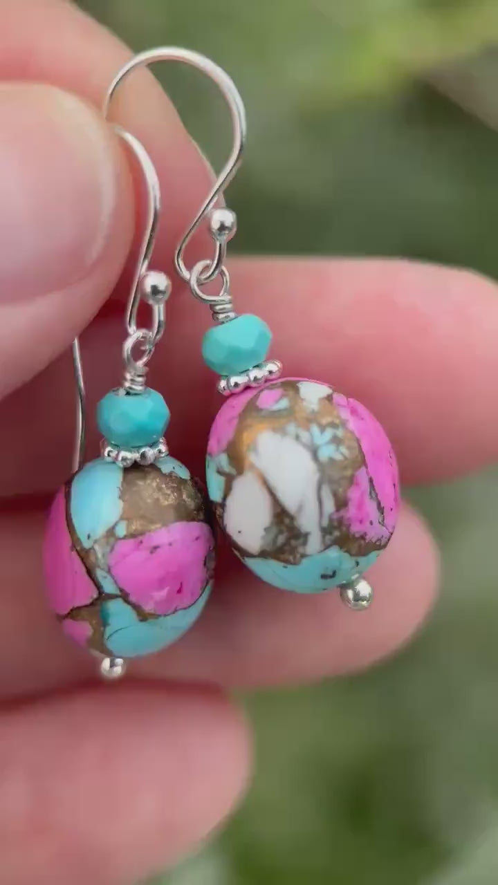 Hot Pink Dahlia Turquoise Earrings | Sterling Silver | Kingman Mohave Spiny Oyster Shell Turquoise Jewelry