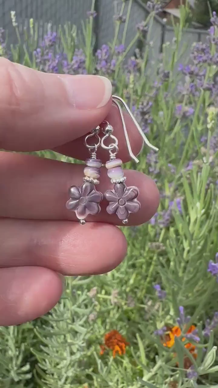 Purple and White Wampum Quahog Shell Flower and Sterling Silver Earrings