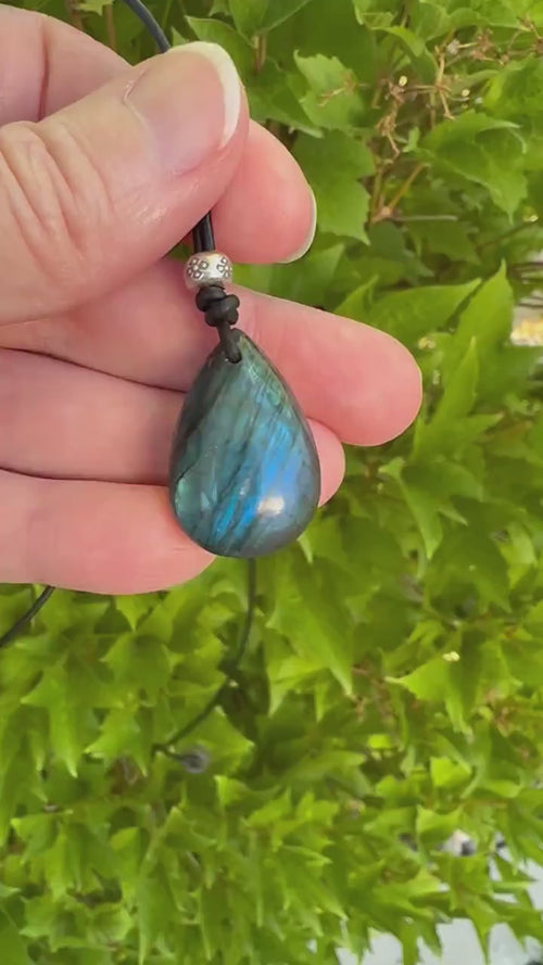 Gorgeous Blue Labradorite Crystal, Thai Hill Tribe Silver, and Black Leather Necklace