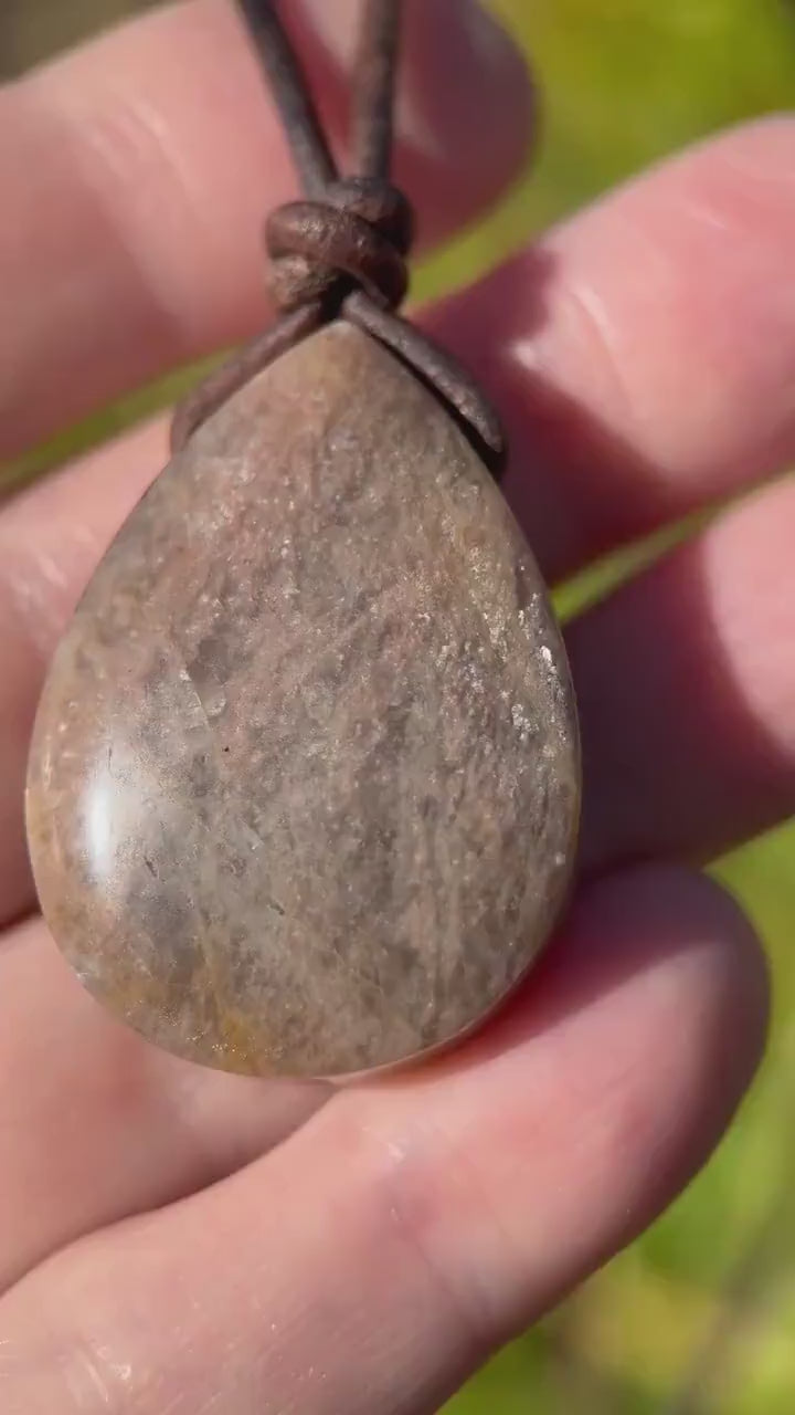 Sunstone Teardrop Necklace | Brown Leather Cord Jewelry | Peach Sunstone Pendant | Natural Gemstone Jewelry