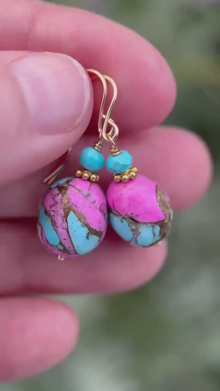 Hot Pink Dahlia Turquoise Earrings | Yellow Gold Fill | Kingman Mohave Spiny Oyster Shell Turquoise Jewelry