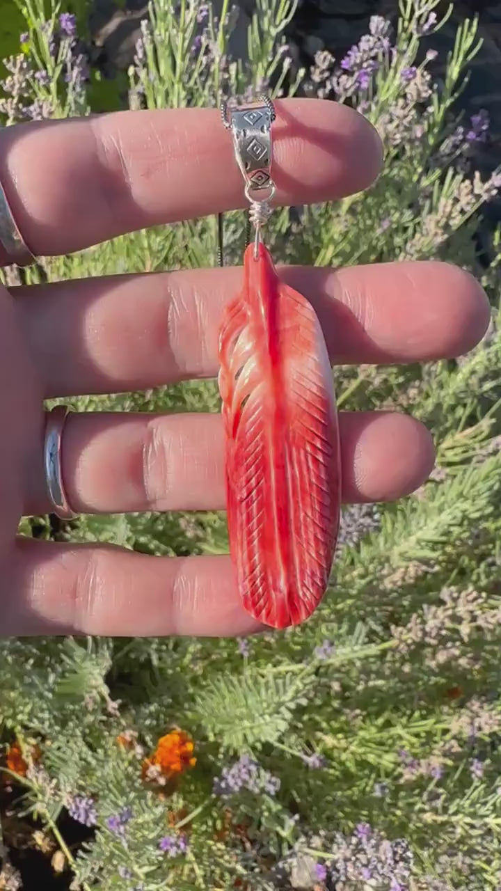 Large Carved Red Spiny Oyster Feather and Sterling Silver Pendant