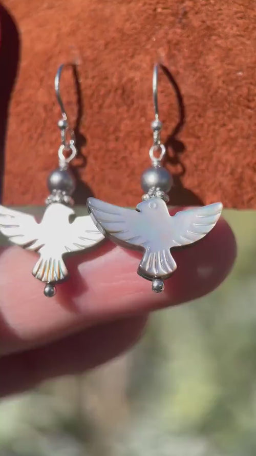 Black Mother of Pearl Thunder Bird, Pearl and Sterling Silver Earrings - Black Lipped Oyster Shell Jewelry - Native Thunderbird Symbol
