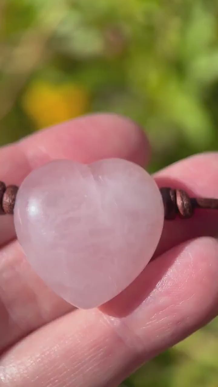 Rose Quartz Heart Pendant Necklace – Polished Pink Gemstone on Brown Leather Cord – Light Pink Healing Crystal - Handmade in the USA