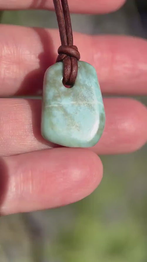 Larimar Crystal and Rustic Brown Leather Necklace