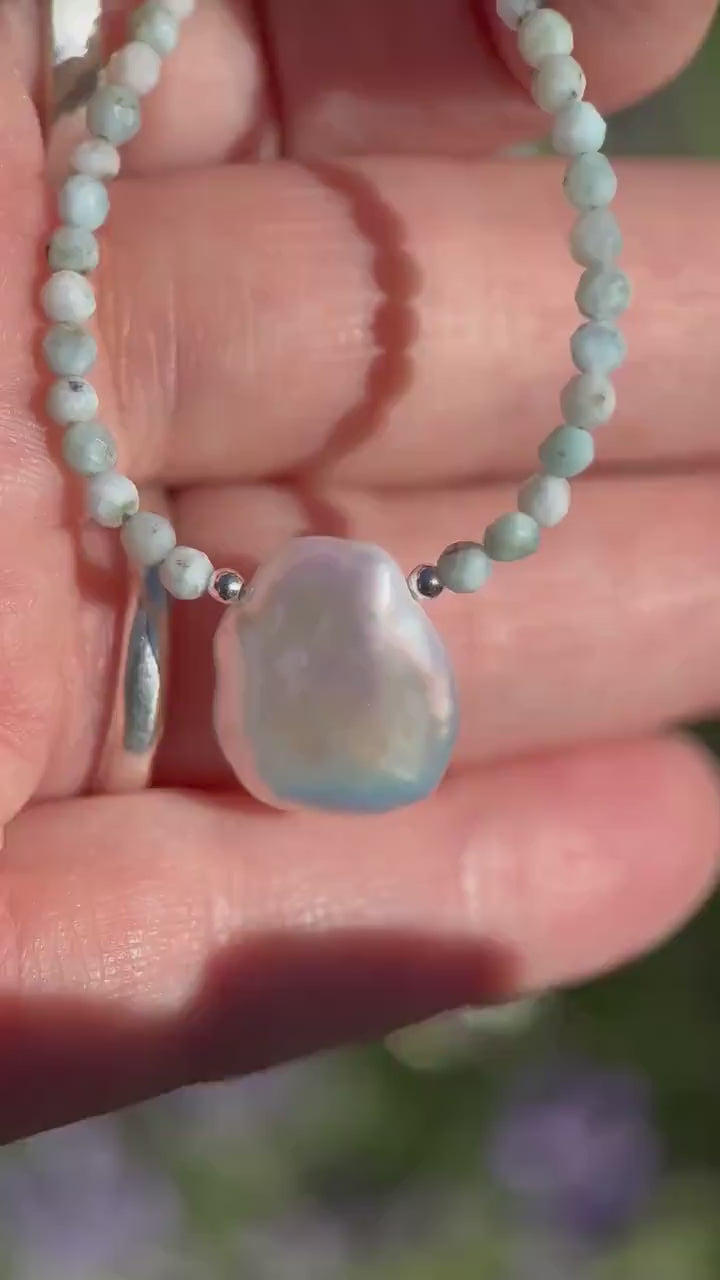 Larimar and Keshi Pearl Necklace - Genuine Blue Larimar Beaded, White Keshi Pearl, Sterling Silver - Ocean Inspired Jewelry
