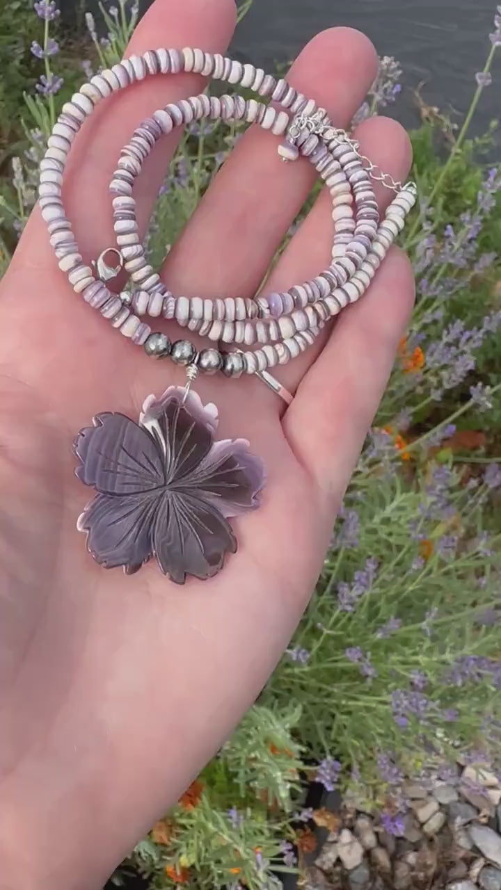 Purple Wampum Quahog Shell Flower, Beads, and Navajo Pearls Necklace