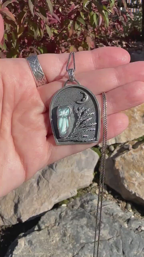 Labradorite Carved Owl, Tree, Moon Shadowbox Sterling Silver Pendant