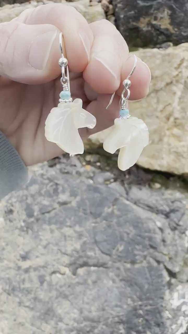 Turquoise, Carved Mother of Pearl Horse and Sterling Silver Earrings