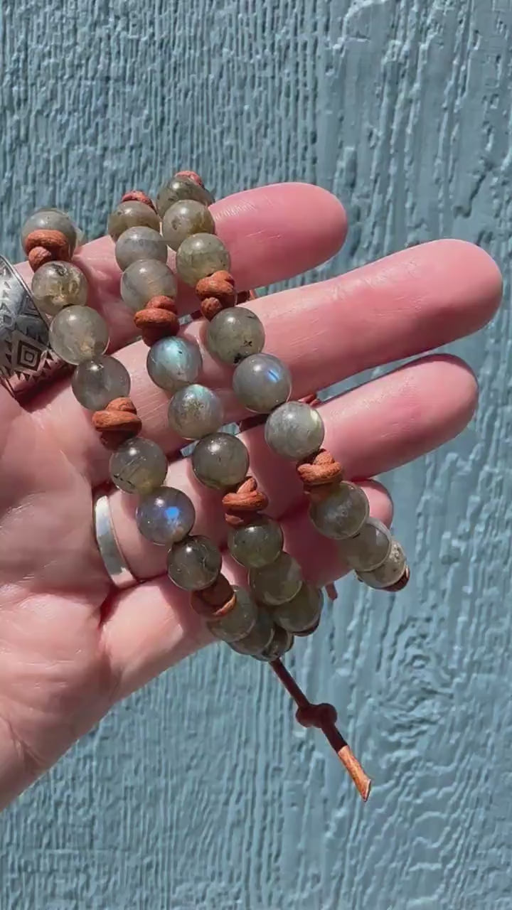 Labradorite Gemstone and Rustic Brown Leather Stacking Bracelet