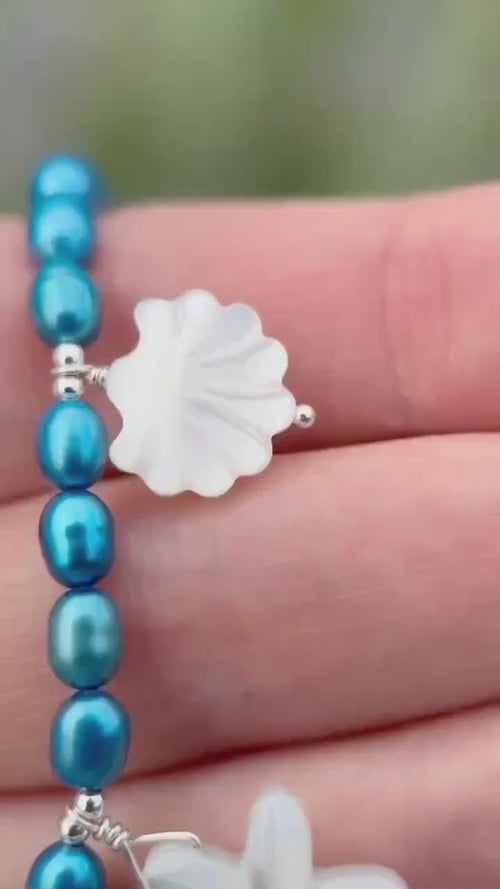 Coastal Charm Necklace, Blue Freshwater Pearls, Sterling Silver, Mother of Pearl Beach Sea Turtle Starfish Shell Jewelry, Ocean Lover Gift
