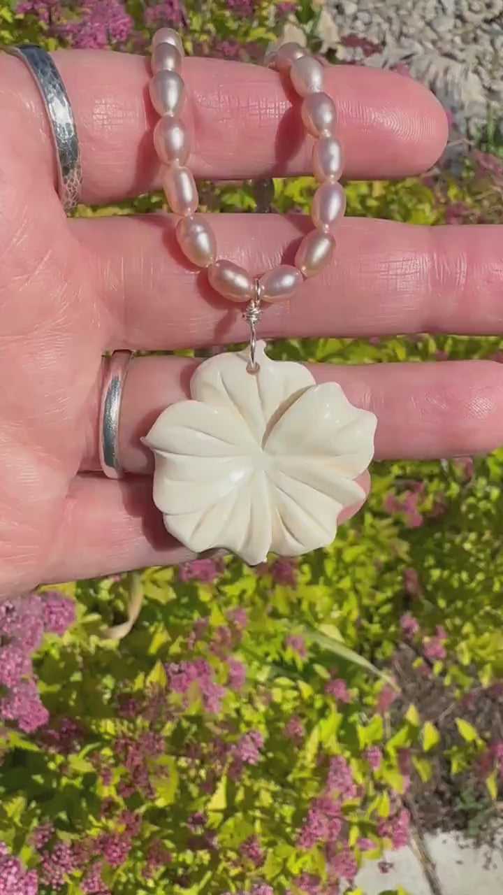 Pink Freshwater Pearl and Carved Flower Necklace