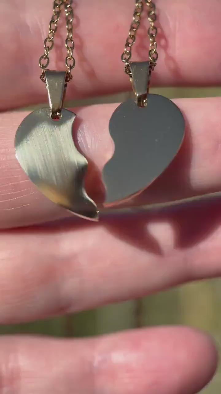Personalized Best Friends Necklace • Engraved Stainless Split Heart Pendant Set • BFF Custom Name, Phrase, Symbols • Gold or Silver Bestie