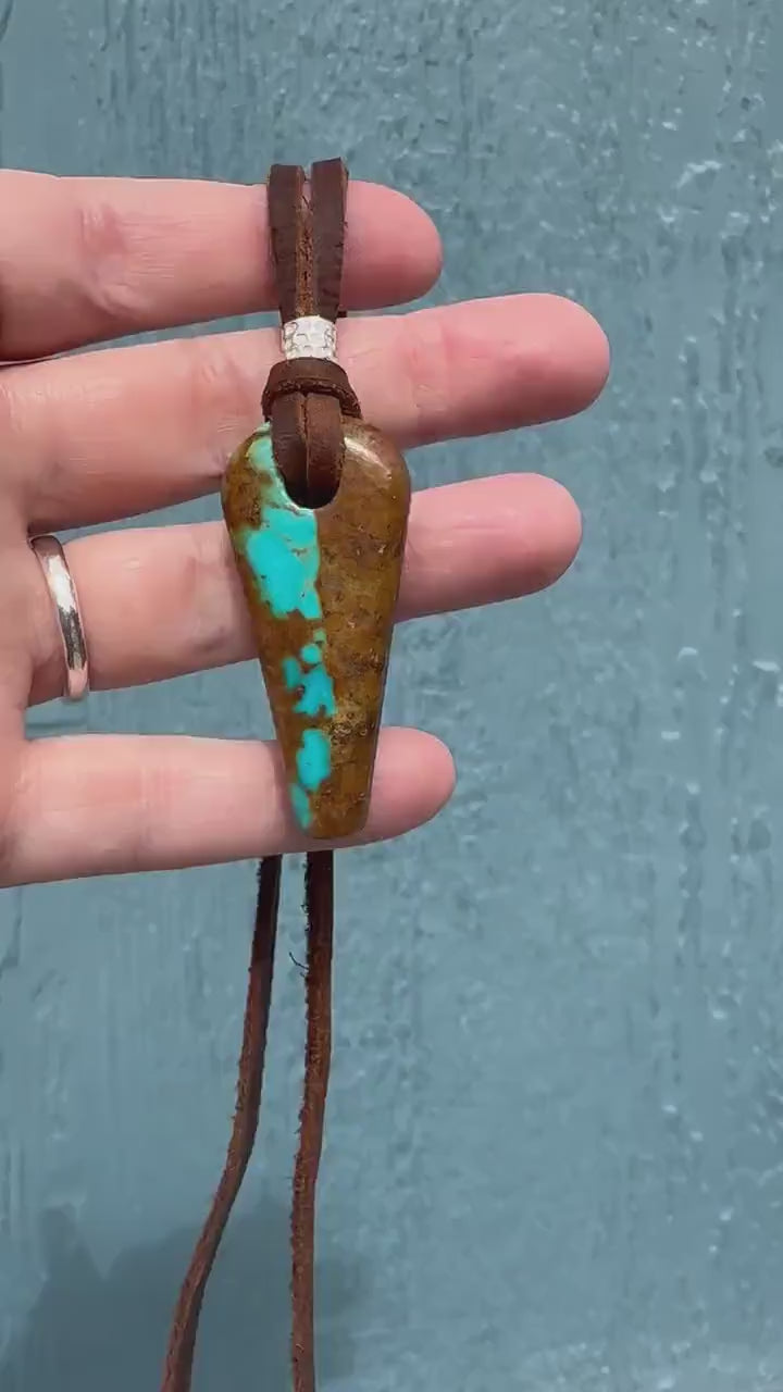 Blue Kingman Turquoise Adjustable Rustic Brown Leather Necklace