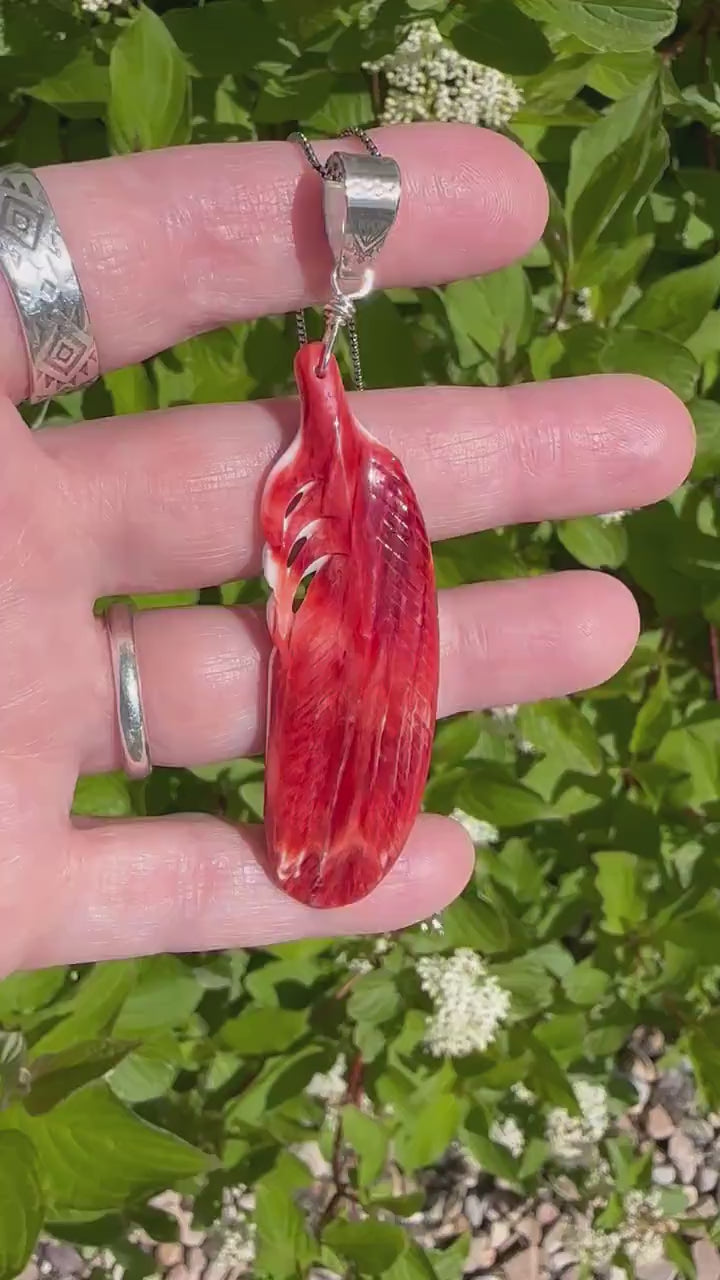 Large Carved Red Spiny Oyster Feather and Sterling Silver Pendant