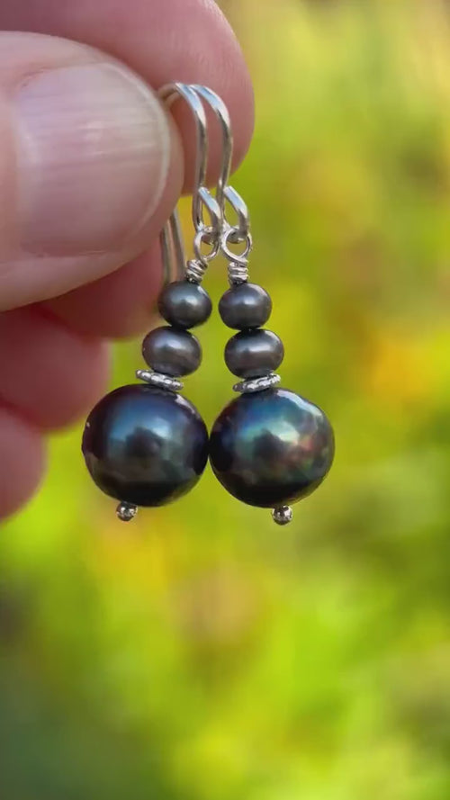 Peacock Pearl Earrings – Black Iridescent Freshwater Pearls with Sterling Silver – Handmade in the USA - June Birthstone