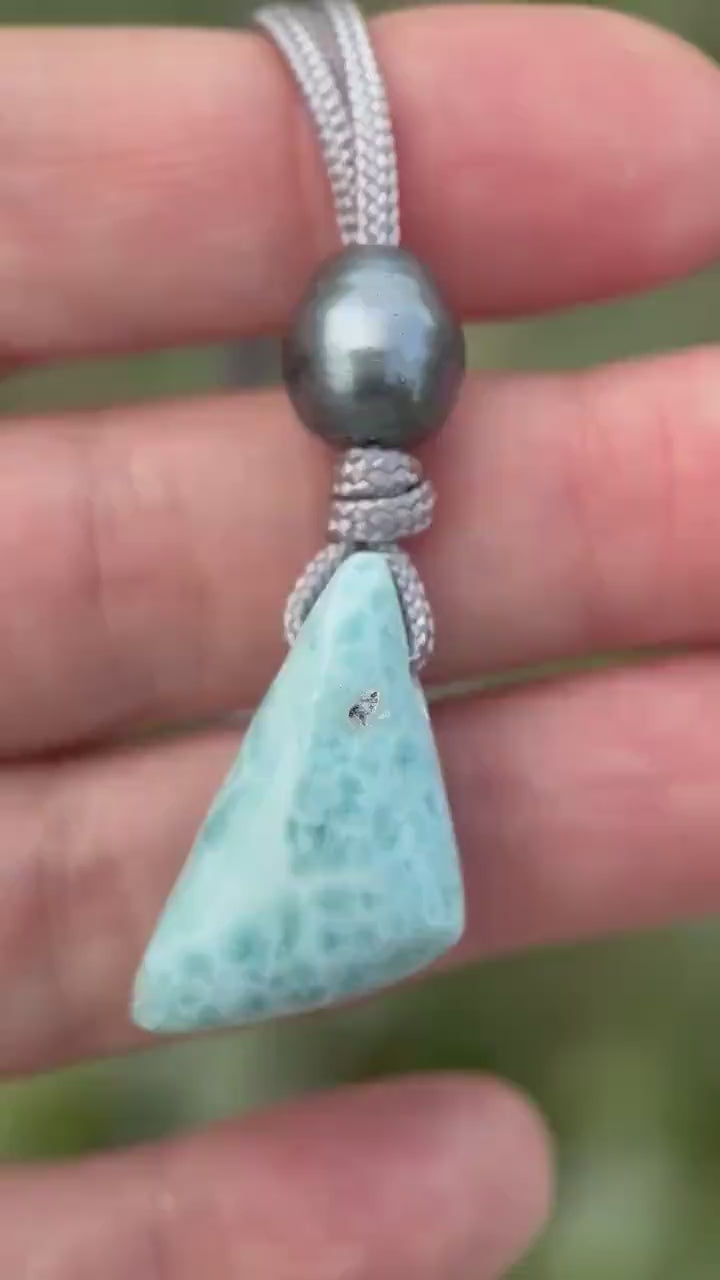 Larimar and Freshwater Pearl Necklace - Dominican Larimar Vegan Cord Necklace - Ocean Inspired Gift