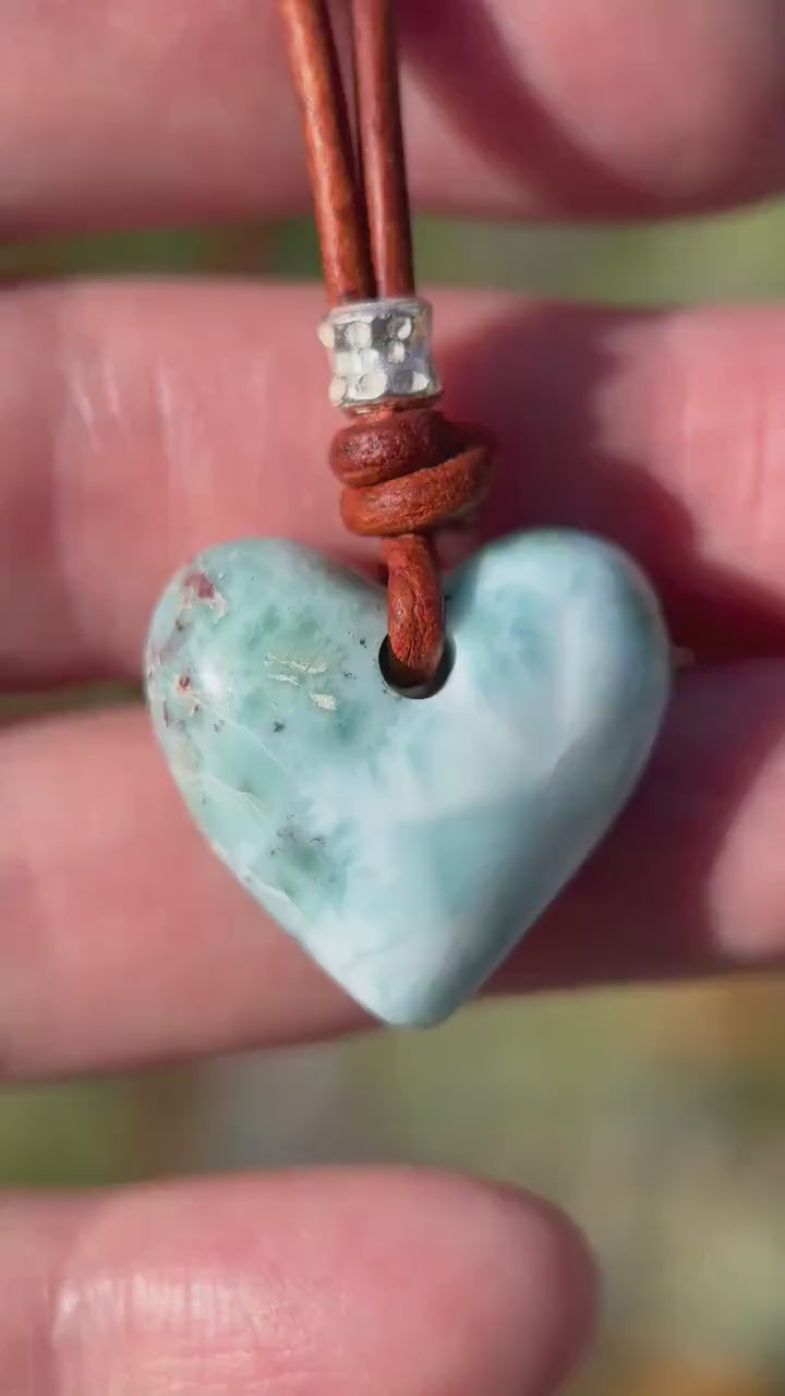 Larimar Heart Crystal and Rustic Brown Leather Necklace