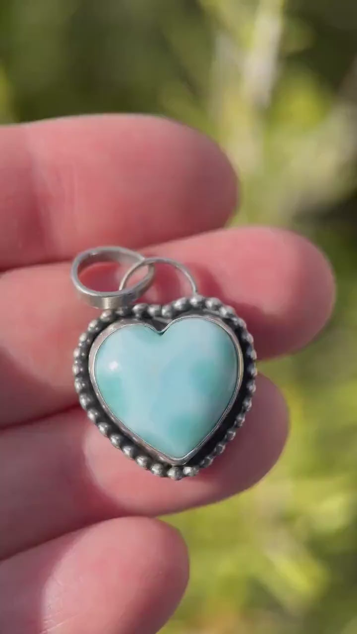 Larimar Heart and Solid 925 Sterling Silver Pendant Necklace