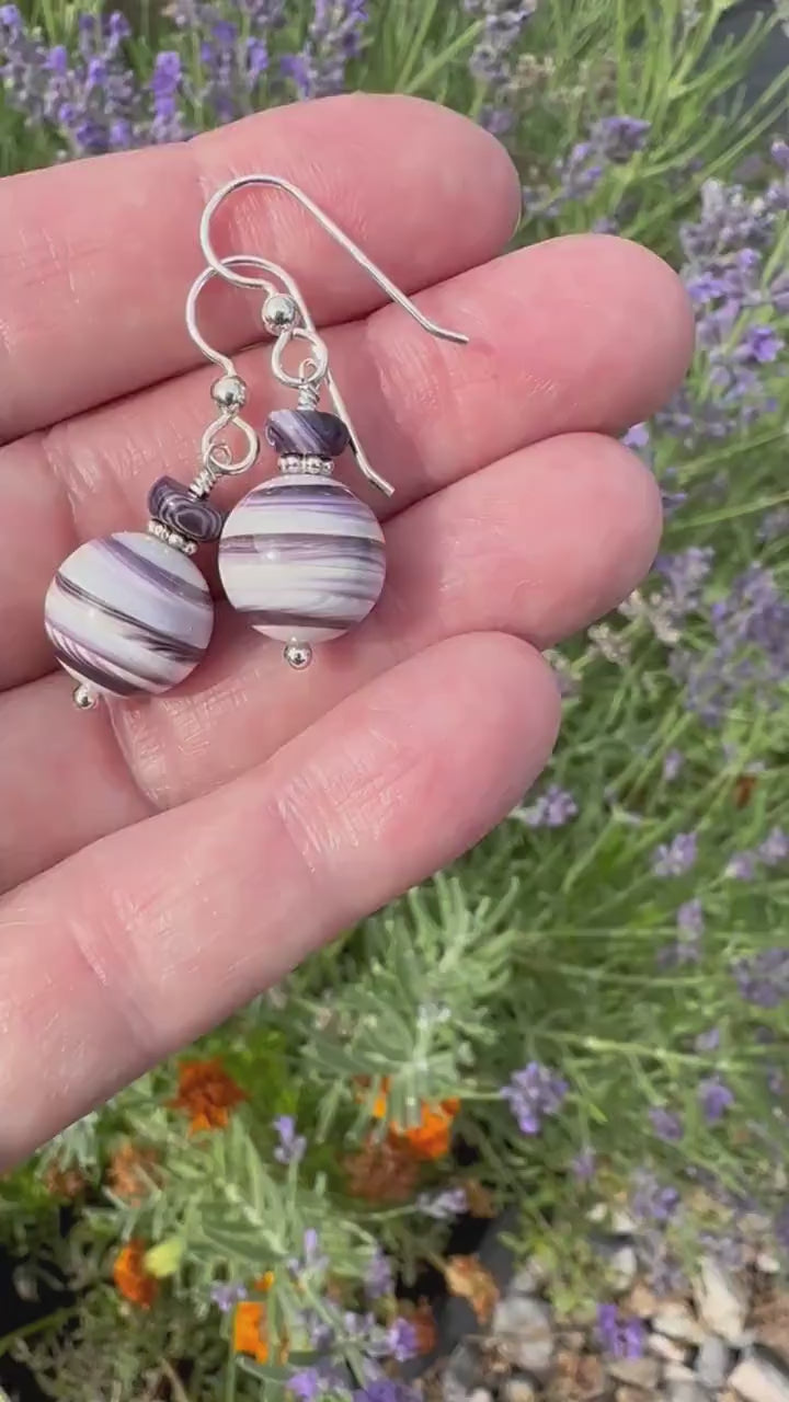 Purple and White Wampum Quahog Shell and Sterling Silver Earrings