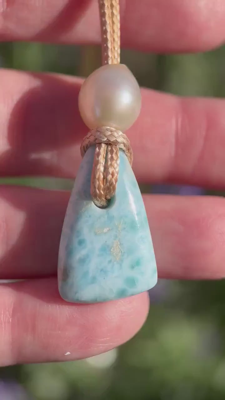 Larimar and Freshwater Pearl Necklace - Dominican Larimar Vegan Cord Necklace - Ocean Inspired Gift