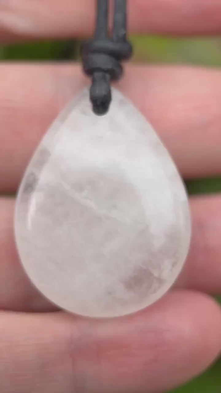 Crystal Quartz Necklace, Milky White Gemstone & Black Leather Necklace, Natural Stone Jewelry Gift