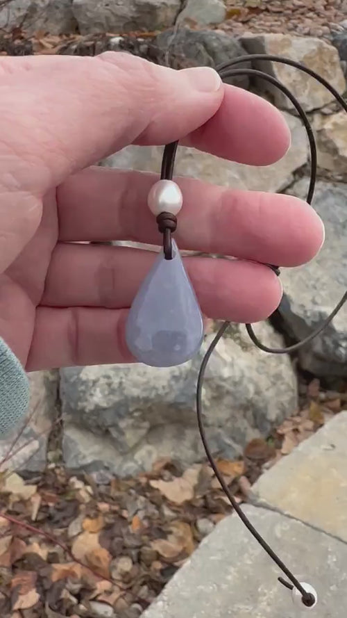 Natural Lavender Blue Chalcedony, Freshwater Pearl, and Brown Leather Necklace