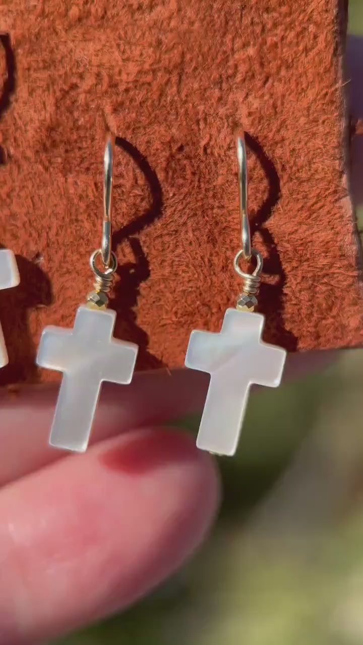 White Mother of Pearl Cross Dangle Earrings | Sterling Silver or Gold Filled | Christian Faith Jewelry Gift for Her