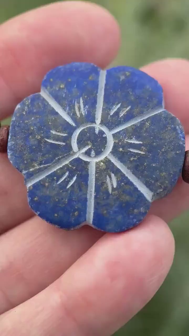 Lapis Lazuli Carved Flower and Brown Leather Necklace - Blue Gemstone Gift for Her - Hand Carved Lapis Jewelry