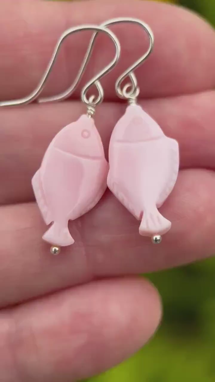 Pink Queen Conch Fish Earrings, Sterling Silver & Hand Carved Shell Earrings, Coastal Jewelry, Beach Lover Gift, Ocean Inspired Earrings