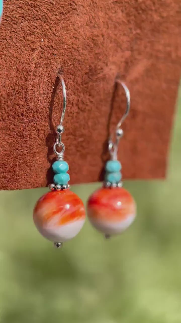Spiny Oyster & Turquoise Earrings | Orange-Red, and White Shell | Sterling Silver Jewelry