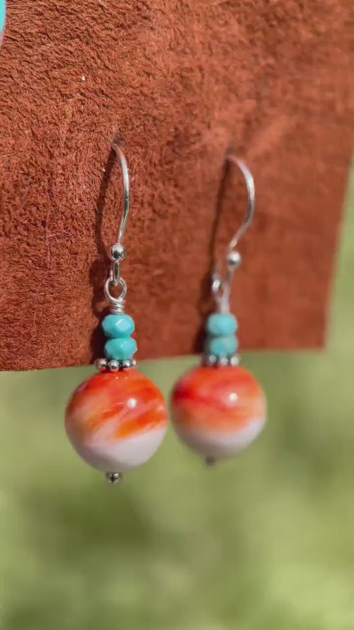 Spiny Oyster & Turquoise Earrings | Orange-Red, and White Shell | Sterling Silver Jewelry