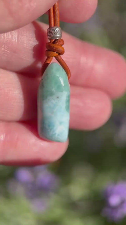 Larimar Crystal Pendant Necklace | Sterling Silver, White Freshwater Pearls, and Light Brown Leather Necklace