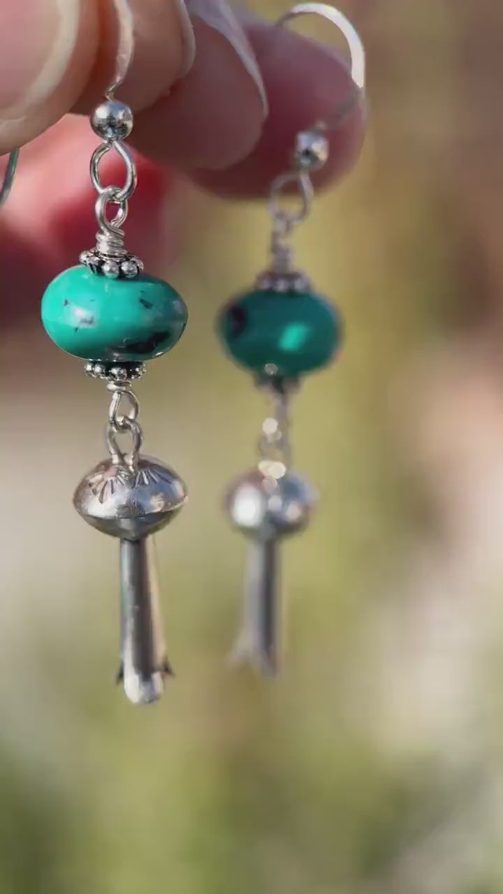 Turquoise and Navajo Sterling Silver Squash Blossom Earrings