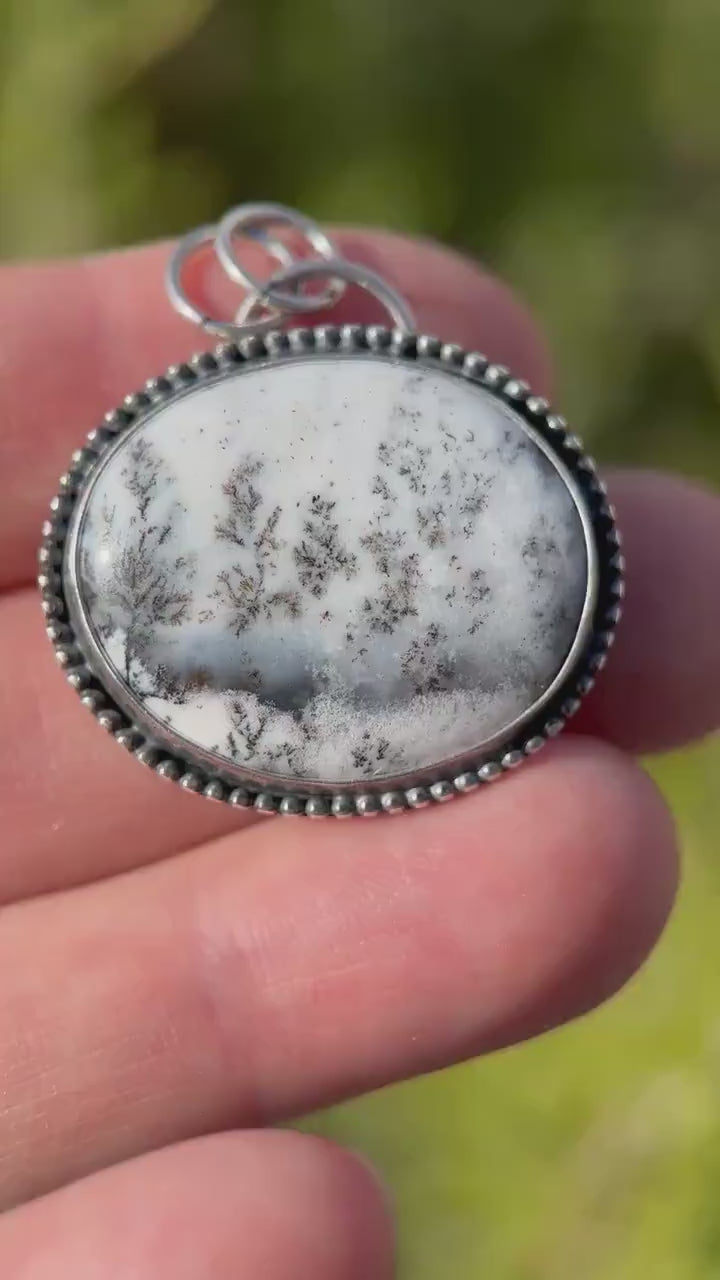 Dendritic Opal Chalcedony and Sterling Silver Snowy Landscape Pendant